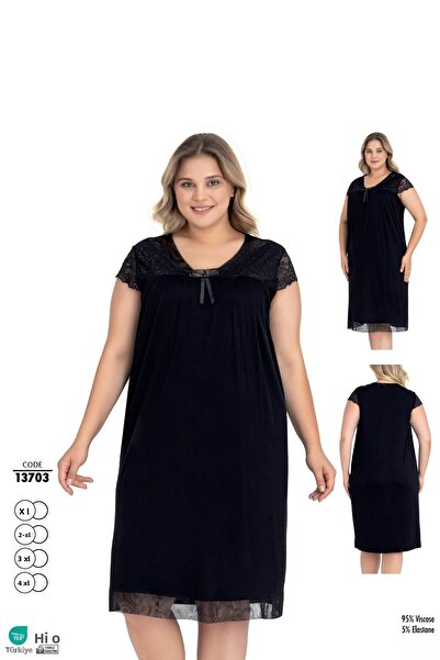 Cotpark Women's Plus Size Lycra Viscose Fabric Lace Detailed Black Nightgown 13703