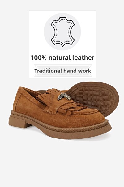 TUNAELLİ Дамски мокасини от велур в кафяво - размер 36-41, с пискюли и естествена кожа