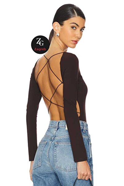 Zagrep Women's Brown Back Low-Cut Cross Elastic Degaje Collar Silk Jersey Body