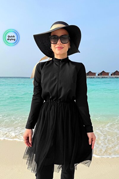 Ka Hijab Full Covered 2-Piece Hijab Swimsuit with Tulle Skirt - Black