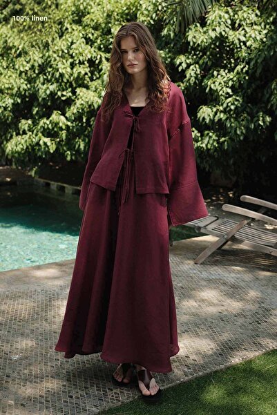 Hooopstore 100% Linen Elastic Waist Burgundy Skirt