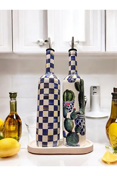 Mes Reves مربعات زرقاء ونمط الصبار - طقم وعاء صلصة وعاء الزيت، ديكور أنيق للم...