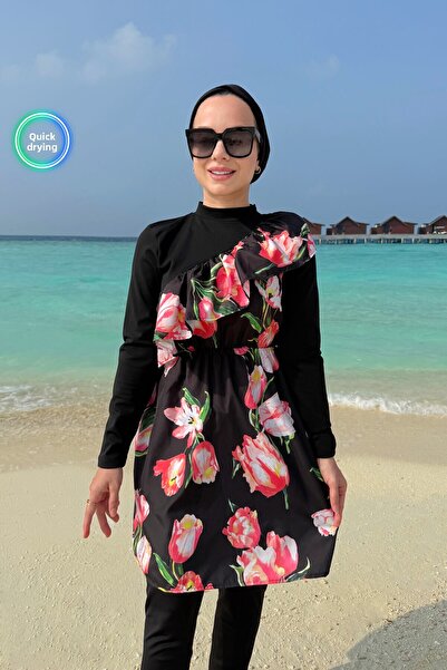 Ka Hijab Floral Patterned Ruffle Detail Full Covered 2-Piece Hijab Swimsuit - Black