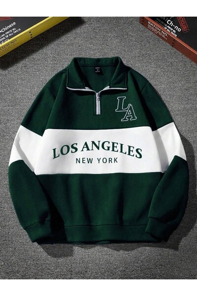 Altamira سويت شيرت للجنسين باللون الأخضر والأبيض من Los Angeles مطبوع بياقة ب...