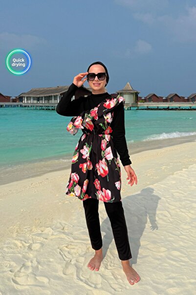 Ka Hijab Floral Patterned Ruffle Detail Full Covered 2-Piece Hijab Swimsuit - Black