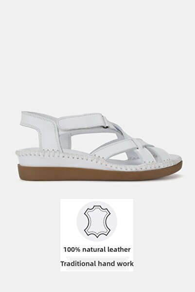 TUNAELLİ Women's White Genuine Leather 35-41-42 Number Strapped Flat Wedge Heels Side Open Sandals