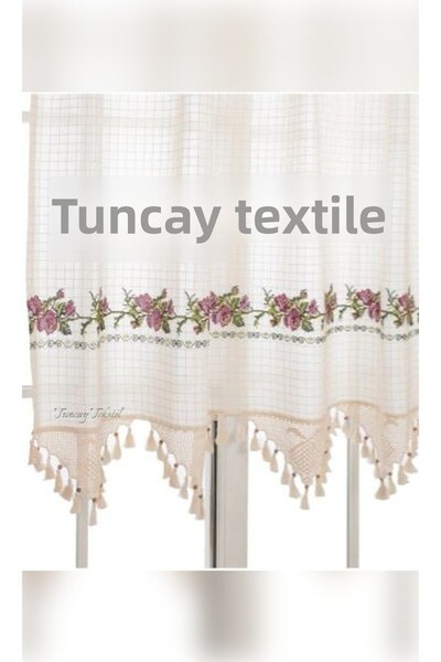 TUNCAY TEKSTİL Lilac Cross Stitched Buldan Work Cross Stitch Hand Lace Canvas Linen Curtain