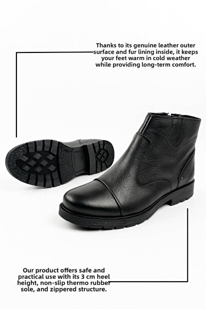 Nstil Casual Men's Black Shoes Outside Genuine Leather with Fur Inside Large Size Non-Slip Sole Zippered Boots 087