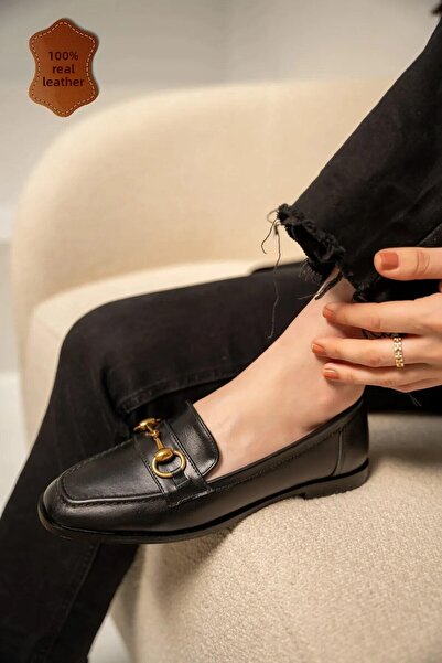 LamintaGlobal Seul Black Gold Accessory Genuine Leather Women's Loafer