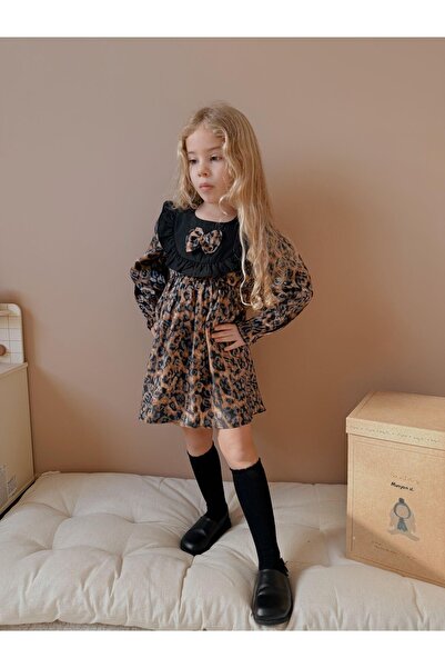 patriko tekstil Рокля за момиче с леопардов шарен мотив, рокля за момиче с памучна панделка