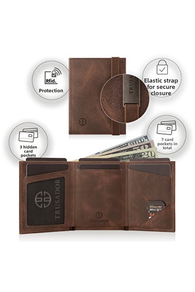 Trusador Marseille Brown Zippered Genuine Leather Wallet with Mirror Elastic Rfid Protection Men Women