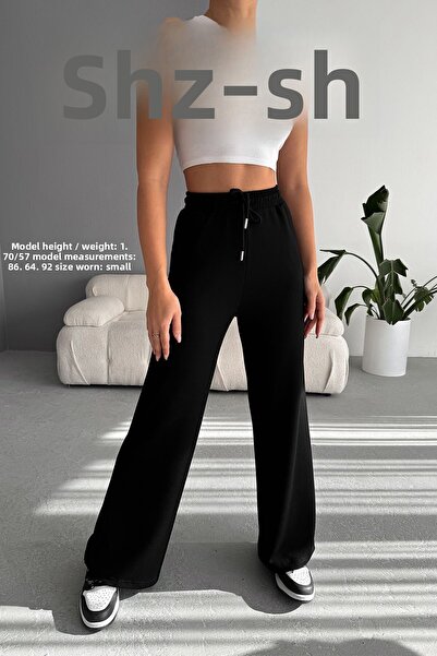 SHEESH APPAREL Μαύρο παντελόνι Modal Palazzo - Φούτερ με απαλή υφή και φαρδύ πόδι