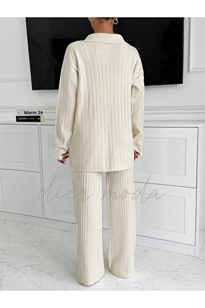 Dier Moda Női bordázott, kétsoros galléros, gombos, szárán hasított kötöttáru szett