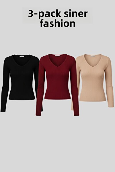 Siner Fashion Női 3 részes V-nyakú bordázott alapblúz