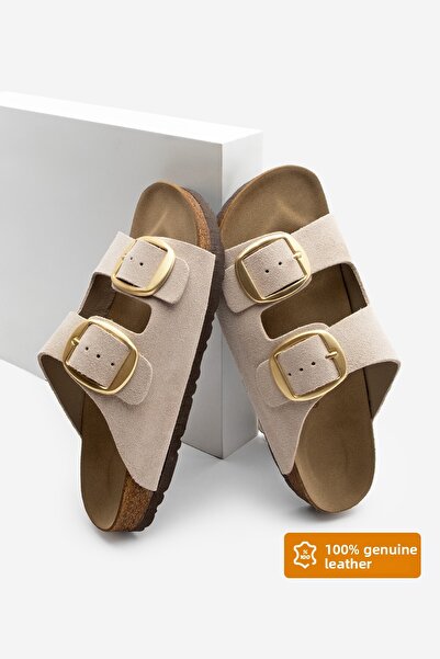 Marjin Papuci de zi cu zi pentru femei din piele naturală Papuci cu bandă dublă Eva Sole Poly Beige