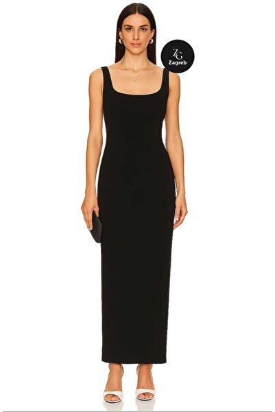 Zagrep Women's Black Square Neckline Back Slit Lined Hidden Zipper Silk Jersey Maxi Dress