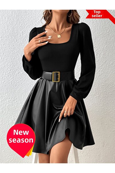 StilVibe Τετράγωνο γιακά Φανάρι μανίκι Pu Δερμάτινο φόρεμα σε γραμμή Α Επιλογές Editor (ΧΩΡΙΣ ΖΩΝΗ)