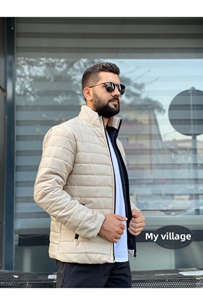 MEYASU Ανδρικό μπεζ αδιάβροχο φουσκωτό παλτό με φερμουάρ