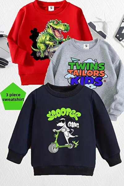 twins tailors Παιδικό φούτερ με στάμπα δεινοσαύρων 3 συσκευασιών Unisex γκρι-...