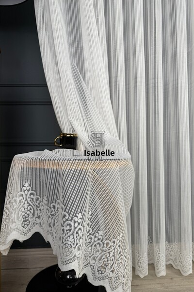 LisabellaHome Perdele din tul alb tricotat cu model de linie artistică și detaliu modern de linie |   Sezon nou (1x2.5 cusătură cu pile)