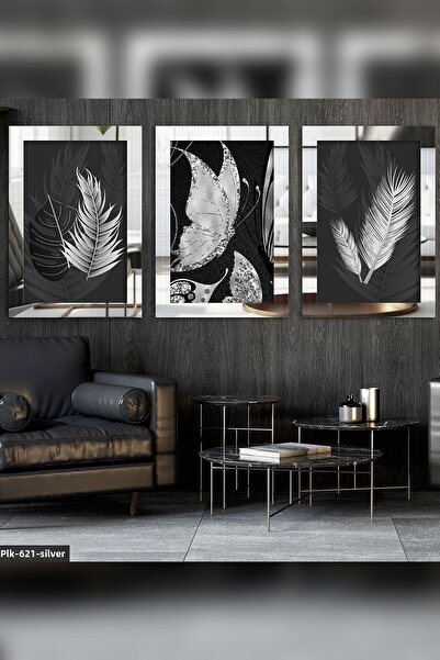 Evinemoda Ασημένιο φύλλο πεταλούδας Ασημένιο πλαίσιο 3 τεμαχίων Πίνακας καθρέφτη από πλεξιγκλάς