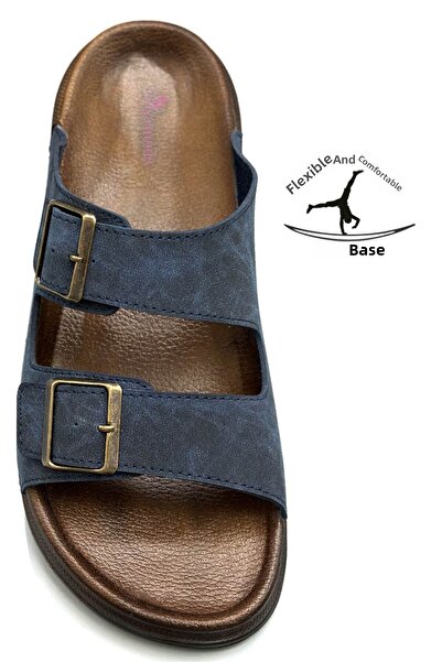 Moda Anna Ανδρικές παντόφλες με διπλή πόρπη με ρυθμιζόμενο πλάτος εύκαμπτες άνετες δερμάτινες 25103 Navy Blue