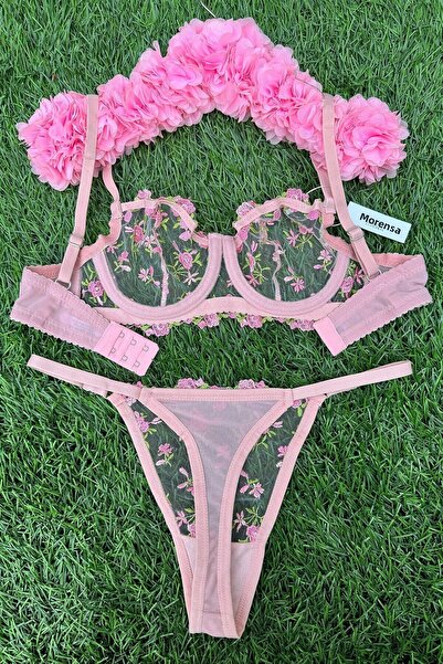 Morensa Σετ σουτιέν με δαντέλα και ροζ λουλούδια με εσώρουχα