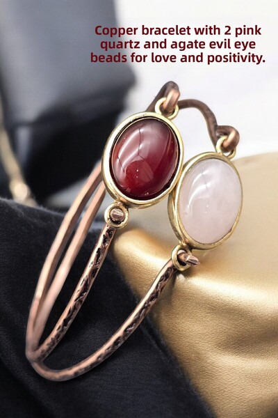 NBS Beautiful Naturel Stones سوار نحاسي نقي قطعتين من الكوارتز الوردي، حجر ال...