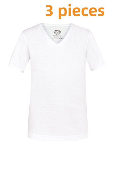 Şahin Men's White 3-Pack 100% Cotton V-Neck Short Sleeve Undershirt Shn10070-3pcs