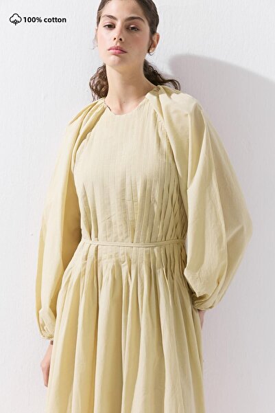 Hooopstore فستان من القطن المضلع باللون الأصفر الزبدة