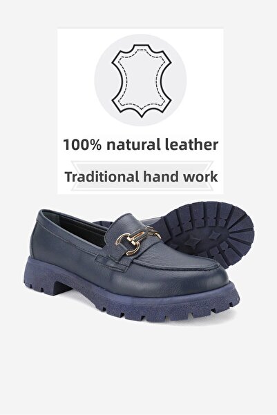 TUNAELLİ Тъмносини дамски мокасини - естествена кожа, с катарама, размер 36-41