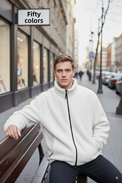 Fifty Color Λευκό μπουφάν υψηλής ποιότητας με ψηλό γιακά, με φερμουάρ, φλις, βελούδινο