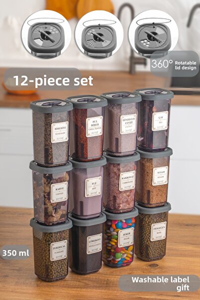 Porsima 1059 مجموعة من 12 حاوية توابل مع غطاء قفل وملصق - حاوية توابل للتخزين - 350 مل