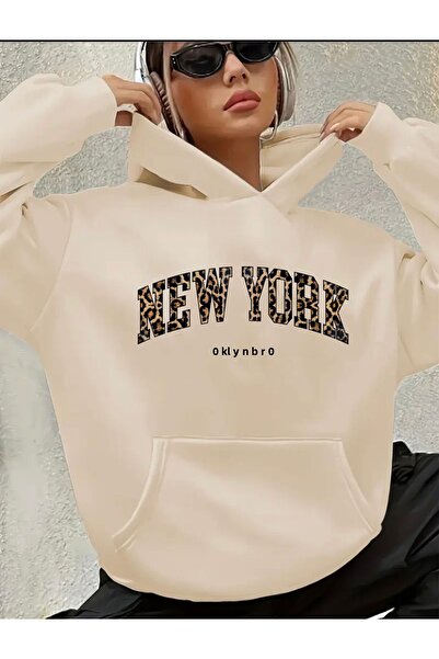 herkesemoda Φούτερ με κουκούλα με λεπτομέρεια τύπωμα Νέας Υόρκης με φλις εσωτερικά