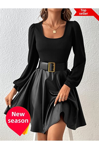 StilVibe Τετράγωνο γιακά Φανάρι μανίκι Pu Δερμάτινο φόρεμα σε γραμμή Α Επιλογές Editor (ΧΩΡΙΣ ΖΩΝΗ)