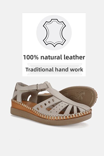 TUNAELLİ Women's Mink Genuine Leather - Size 35-41-42 Strappy Flat Wedge Heeled Side Open Sandals