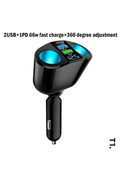 Choice 1PD 66W 2USB-360 ولاعة سجائر السيارة 12V-24V مقسم المقبس ضوء جو أزرق P...
