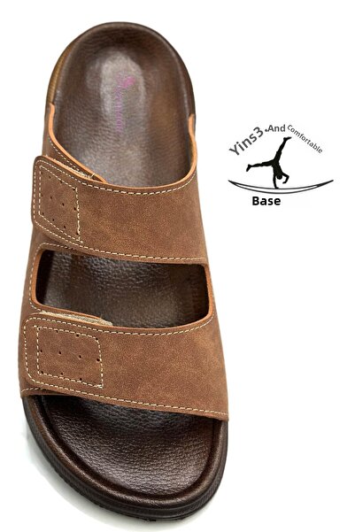 Moda Anna Διπλή πόρπη ρυθμιζόμενο πλάτος Ευέλικτο άνετο δερμάτινο ανδρικό παντόφλες 25103 C Tan