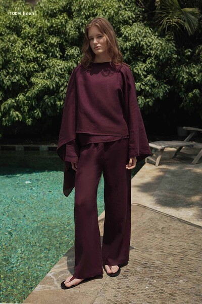 Hooopstore 100% Linen Plain Burgundy Trousers
