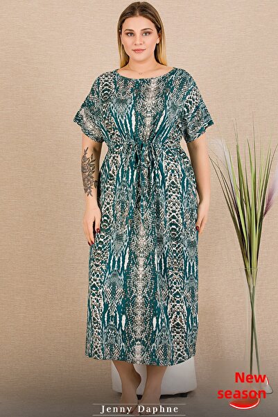 Jenny Daphne Viscose Fabric Large Size Patterned Slit Short Sleeve Dress Nightdress Battal 7287