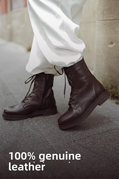 Marjin Dámské kozačky z pravé kůže Kafle hnědé na šněrování