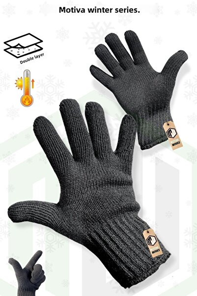 Motiva قفازات سوداء محبوكة للخريف والشتاء بطبقة مزدوجة