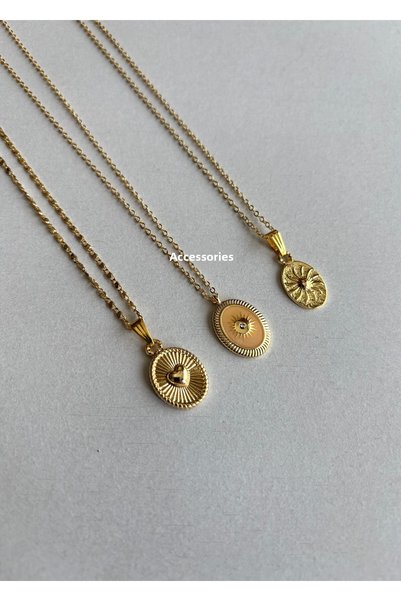 aksesuaris 3-Piece Enameled Heart Pole Star Detail Gold Women's Necklace Combination Set