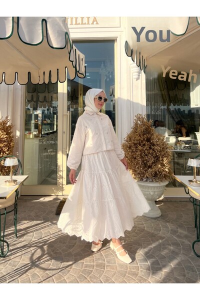 PİNK FLY Κρέμα σετ Hijab με πέτρα με λεπτομέρεια μακριά φούστα