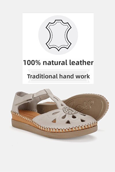 TUNAELLİ Mink Color Women's Leather Sandals - Size 35-41-42 Strapped, Flat Wedge Heels, Side Open