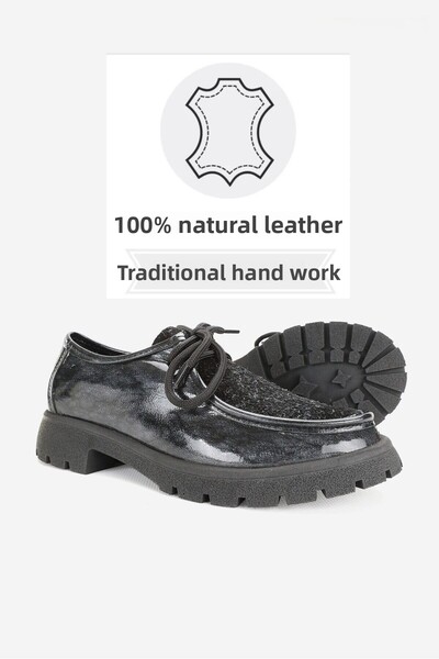 TUNAELLİ Women's - Gray Training Patent Leather Genuine Natural Leather Lace up Oxford Shoes Size 36-41