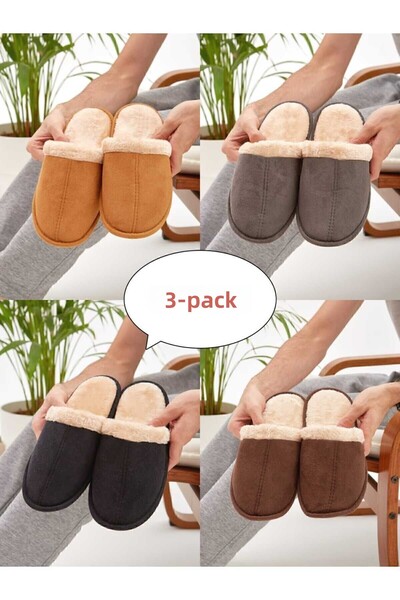 Moda Devrin Σετ 3 παντόφλες με κλειστό μπροστινό μέρος και γούνα εσωτερικά Παντόφλες για το σπίτι Σετ προίκας (Στενή εφαρμογή)