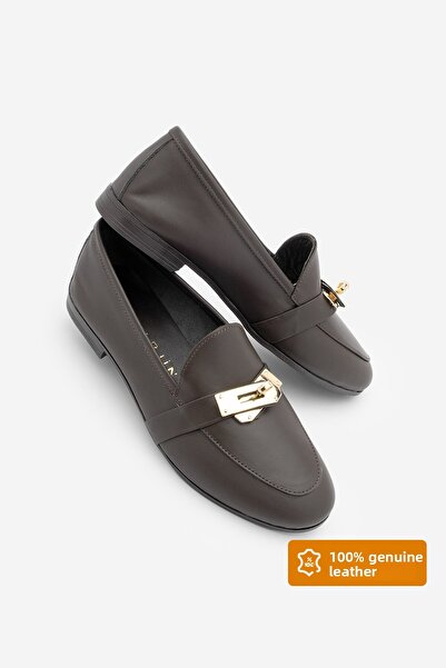 Marjin Women's Loafer Genuine Leather Buckle Moccasin Casual Shoes Nador Brown