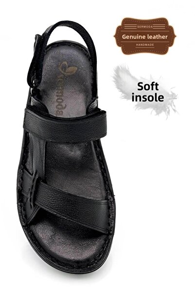 Moda Anna Sandale pentru bărbați - piele naturală, seringă cu velcro, negru