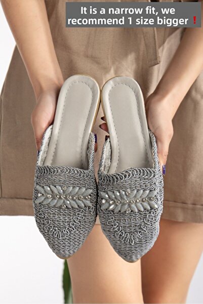 Slipcat Women's Straw Slippers Closed Front Mesh Lace Stone Detailed Stylish Summer Home Beach Vacation Slippers